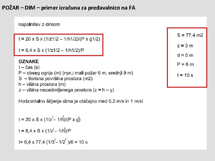 POŽAR – DIM – primer izračuna za predavalnico na FA 