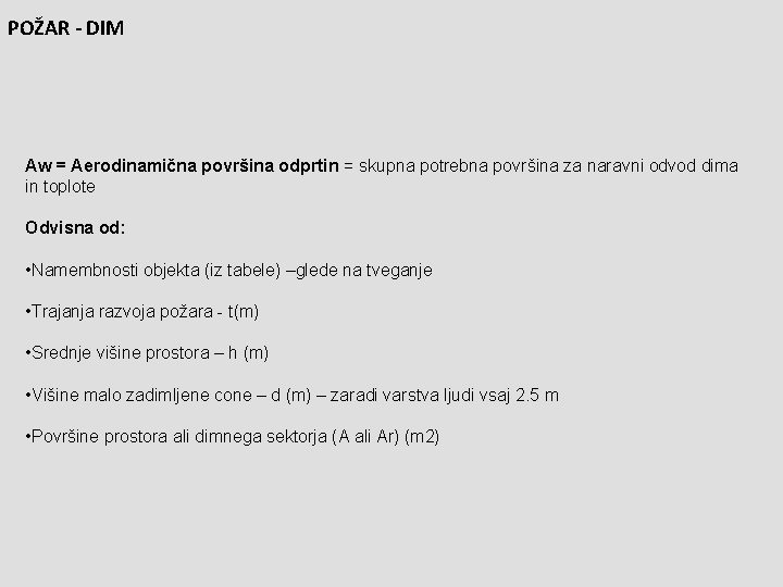 POŽAR - DIM Aw = Aerodinamična površina odprtin = skupna potrebna površina za naravni