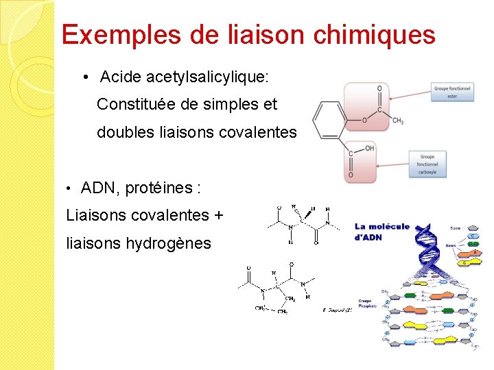 Exemples de liaison chimiques • Acide acetylsalicylique: Constituée de simples et doubles liaisons covalentes