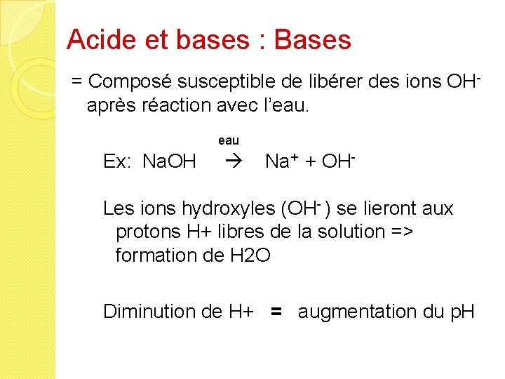 Acide et bases : Bases = Composé susceptible de libérer des ions OH- après