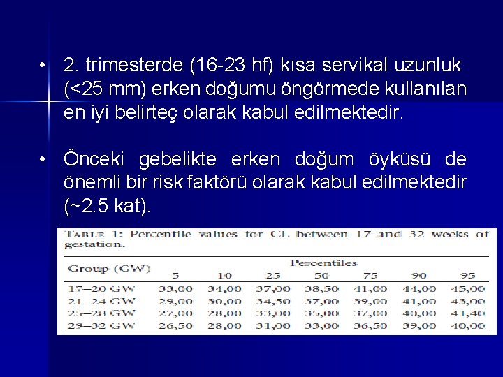 • 2. trimesterde (16 -23 hf) kısa servikal uzunluk (<25 mm) erken doğumu • 2. trimesterde (16 -23 hf) kısa servikal uzunluk (<25 mm) erken doğumu