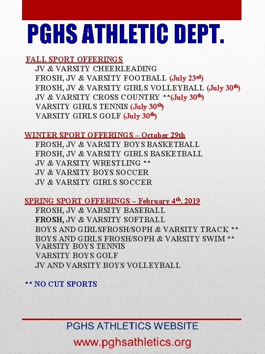 PGHS ATHLETIC DEPT. FALL SPORT OFFERINGS JV & VARSITY CHEERLEADING FROSH, JV & VARSITY