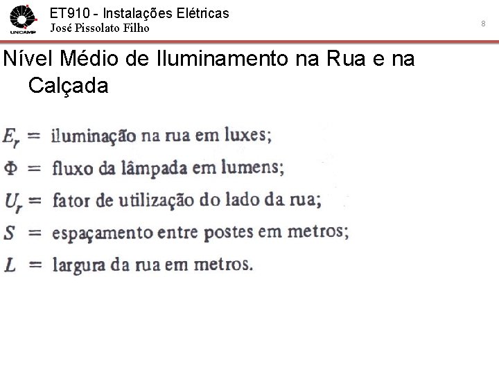 ET 910 - Instalações Elétricas José Pissolato Filho Nível Médio de Iluminamento na Rua