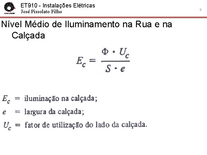 ET 910 - Instalações Elétricas José Pissolato Filho Nível Médio de Iluminamento na Rua