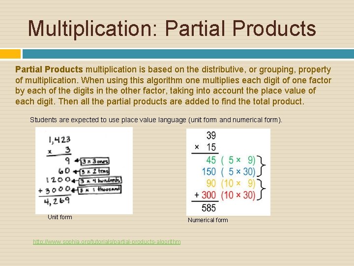 Multiplication: Partial Products multiplication is based on the distributive, or grouping, property of multiplication.