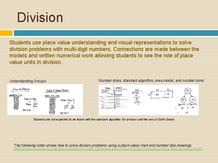 Division Students use place value understanding and visual representations to solve division problems with