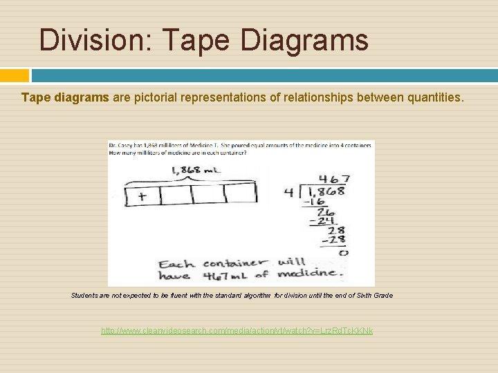 Division: Tape Diagrams Tape diagrams are pictorial representations of relationships between quantities. Students are