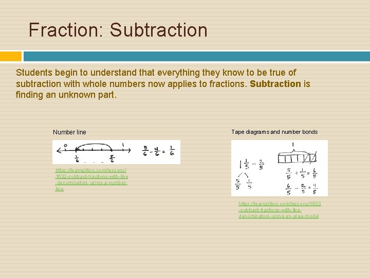 Fraction: Subtraction Students begin to understand that everything they know to be true of