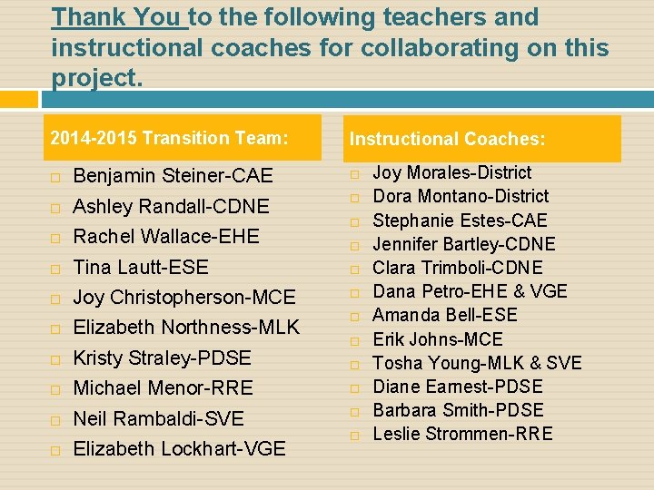 Thank You to the following teachers and instructional coaches for collaborating on this project.