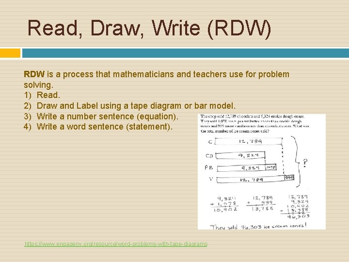 Read, Draw, Write (RDW) RDW is a process that mathematicians and teachers use for