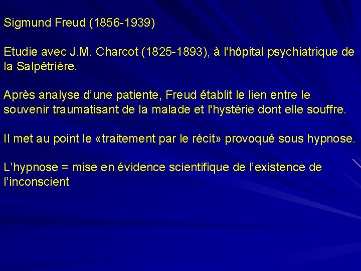 Sigmund Freud (1856 -1939) Etudie avec J. M. Charcot (1825 -1893), à l'hôpital psychiatrique