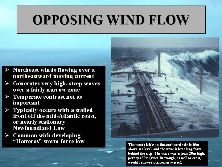 OPPOSING WIND FLOW Ø Northeast winds flowing over a northeastward moving current Ø Generates