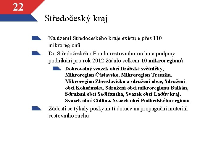 22 Středočeský kraj Na území Středočeského kraje existuje přes 110 mikroregionů Do Středočeského Fondu