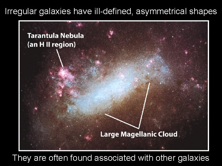 Irregular galaxies have ill-defined, asymmetrical shapes They are often found associated with other galaxies