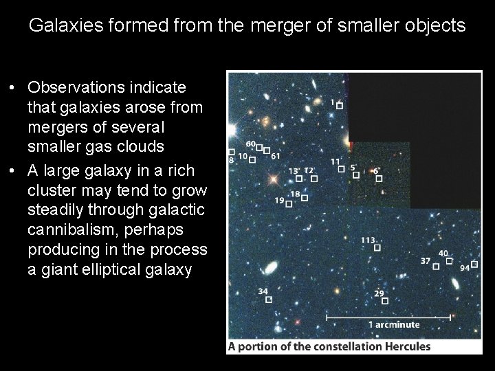 Galaxies formed from the merger of smaller objects • Observations indicate that galaxies arose