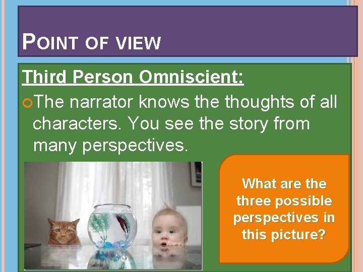 POINT OF VIEW Third Person Omniscient: The narrator knows the thoughts of all characters.