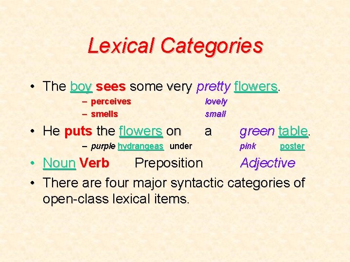 Lexical Categories • The boy sees some very pretty flowers. – perceives – smells