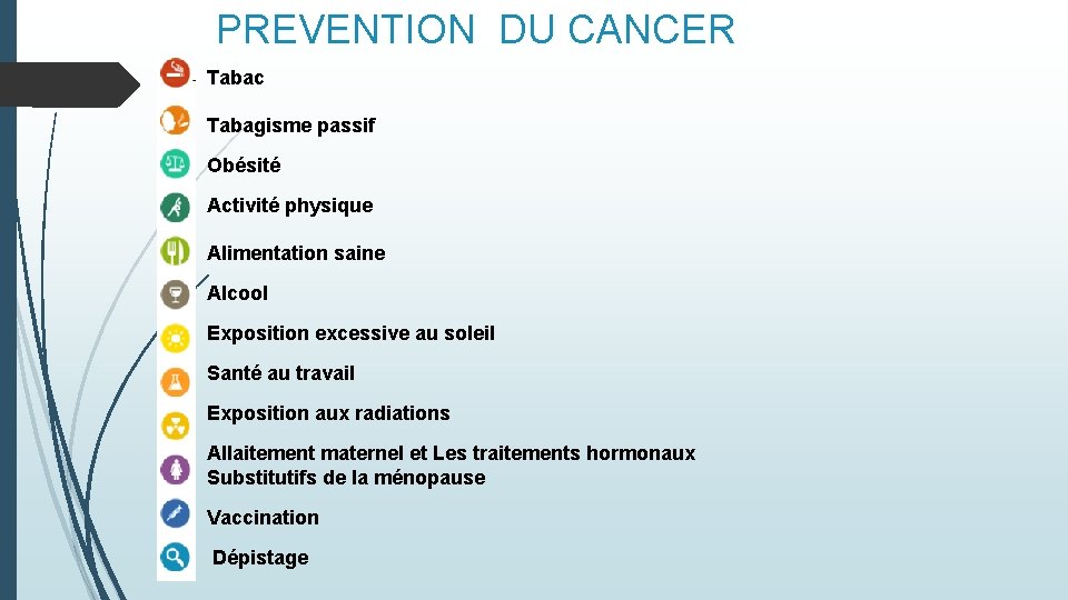 PREVENTION DU CANCER Tabac Tabagisme passif Obésité Activité physique Alimentation saine Alcool Exposition excessive