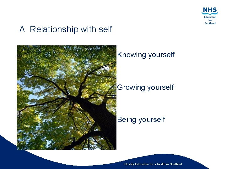 A. Relationship with self Knowing yourself Growing yourself Being yourself Quality Education for a
