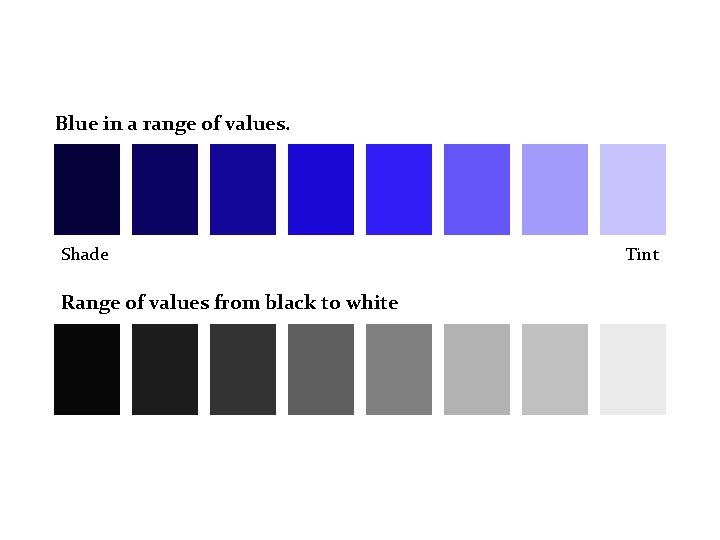 Blue in a range of values. Shade Range of values from black to white