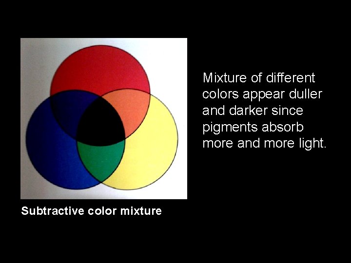 Mixture of different colors appear duller and darker since pigments absorb more and more