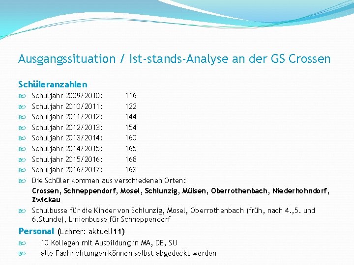 Ausgangssituation / Ist-stands-Analyse an der GS Crossen Schüleranzahlen Schuljahr 2009/2010: 116 Schuljahr 2010/2011: 122