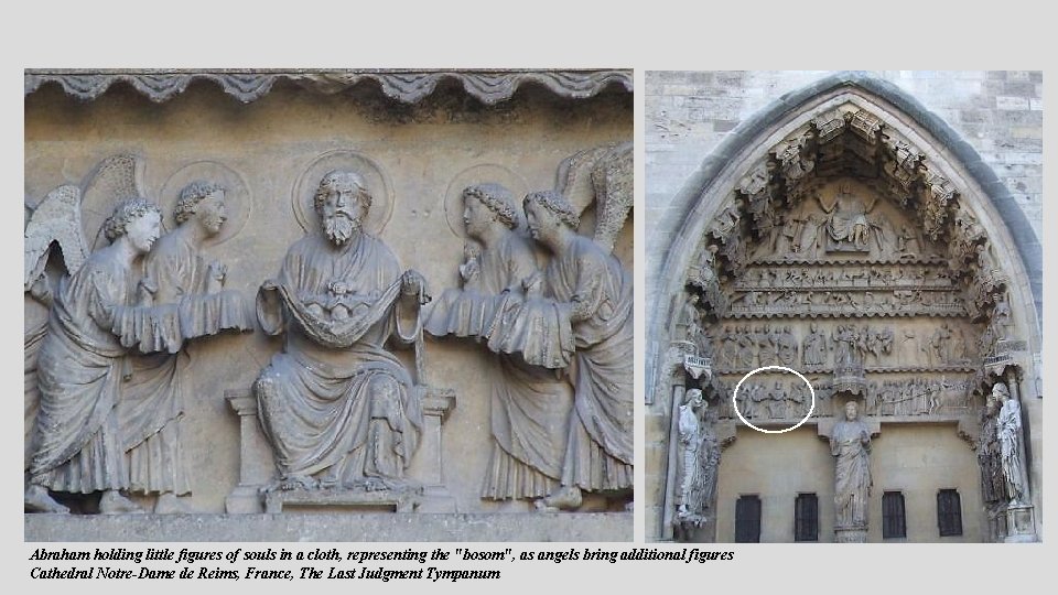 Abraham holding little figures of souls in a cloth, representing the "bosom", as angels Abraham holding little figures of souls in a cloth, representing the "bosom", as angels