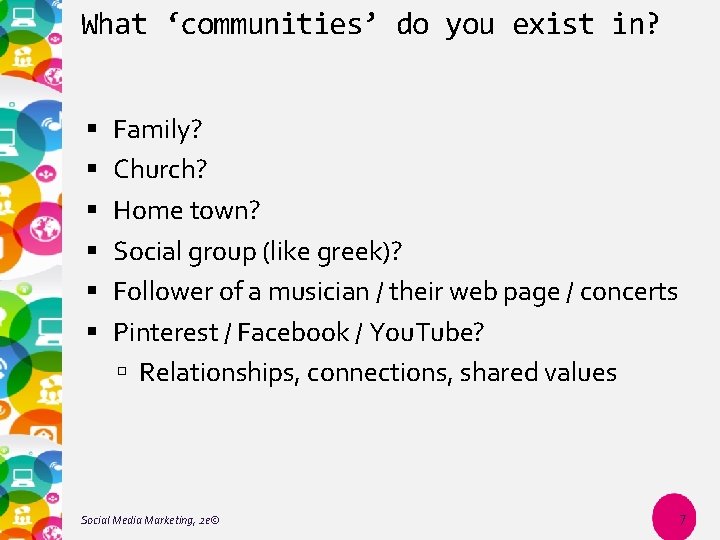 What ‘communities’ do you exist in? Family? Church? Home town? Social group (like greek)?