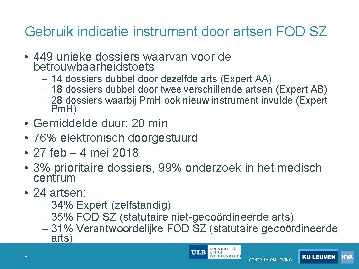 Gebruik indicatie instrument door artsen FOD SZ • 449 unieke dossiers waarvan voor de Gebruik indicatie instrument door artsen FOD SZ • 449 unieke dossiers waarvan voor de