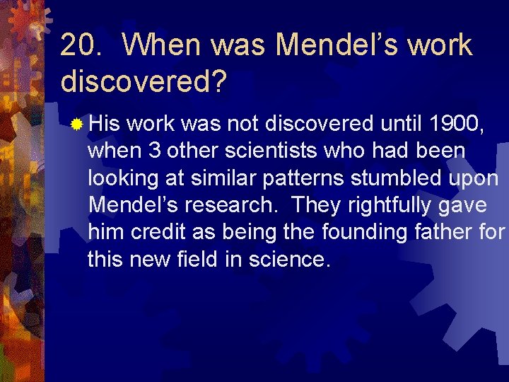 20. When was Mendel’s work discovered? ® His work was not discovered until 1900,