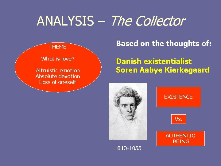 ANALYSIS – The Collector THEME What is love? Altruistic emotion Absolute devotion Loss of