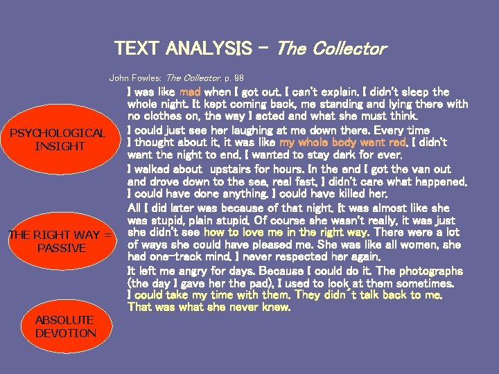 TEXT ANALYSIS – The Collector John Fowles: The Collector: p. 98 I was like