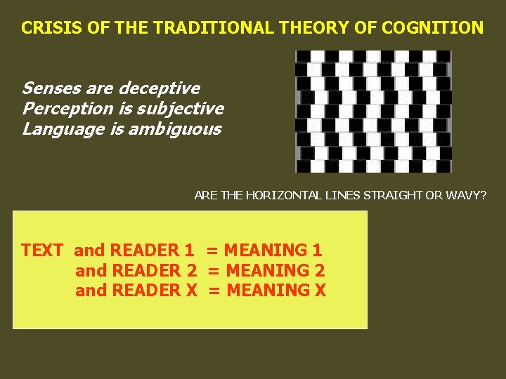CRISIS OF THE TRADITIONAL THEORY OF COGNITION Senses are deceptive Perception is subjective Language