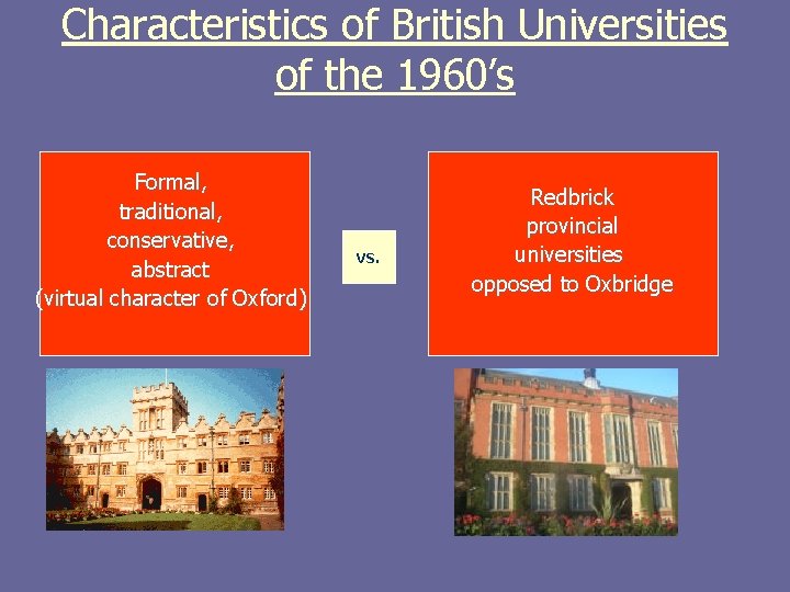 Characteristics of British Universities of the 1960’s Formal, traditional, conservative, abstract (virtual character of