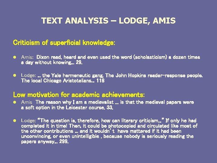 TEXT ANALYSIS – LODGE, AMIS Criticism of superficial knowledge: l Amis: Dixon read, heard