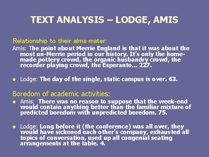 TEXT ANALYSIS – LODGE, AMIS Relationship to their alma mater: Amis: The point about