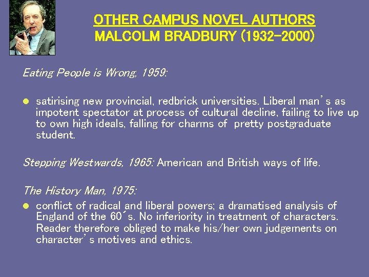 OTHER CAMPUS NOVEL AUTHORS MALCOLM BRADBURY (1932 -2000) Eating People is Wrong, 1959: l
