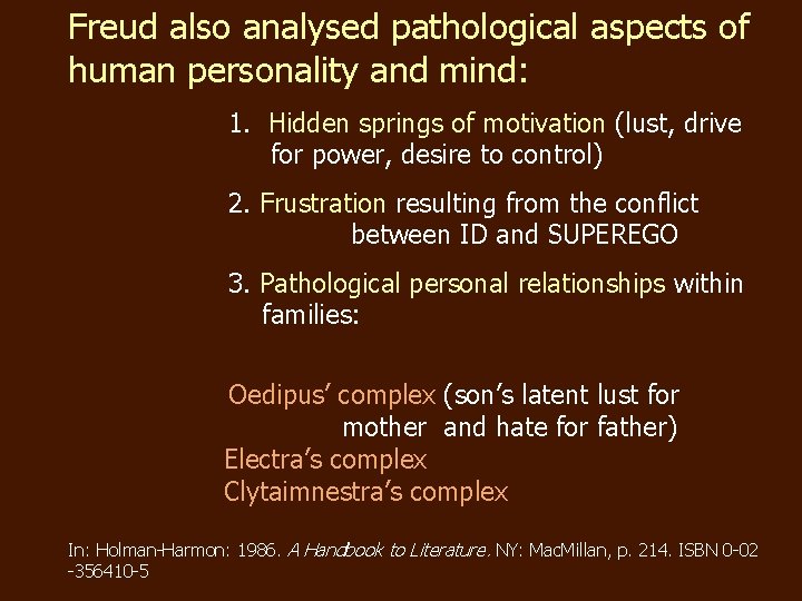 Freud also analysed pathological aspects of human personality and mind: 1. Hidden springs of