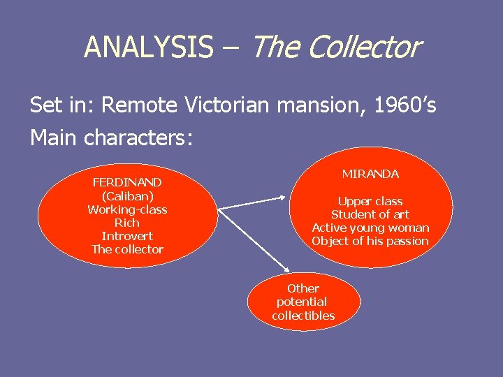 ANALYSIS – The Collector Set in: Remote Victorian mansion, 1960’s Main characters: FERDINAND (Caliban)