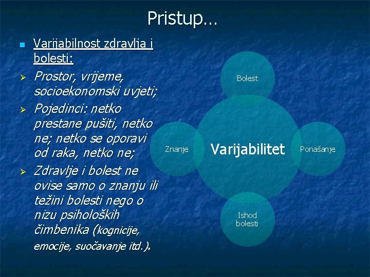 Pristup… n Ø Ø Ø Varijabilnost zdravlja i bolesti: Prostor, vrijeme, socioekonomski uvjeti; Pojedinci: