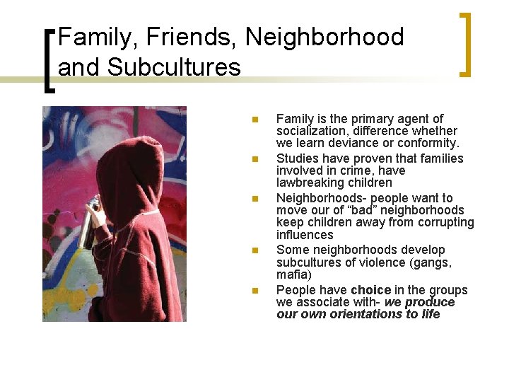 Family, Friends, Neighborhood and Subcultures n n n Family is the primary agent of