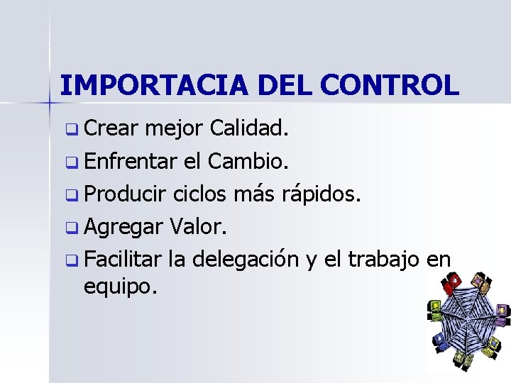 IMPORTACIA DEL CONTROL q Crear mejor Calidad. q Enfrentar el Cambio. q Producir ciclos IMPORTACIA DEL CONTROL q Crear mejor Calidad. q Enfrentar el Cambio. q Producir ciclos