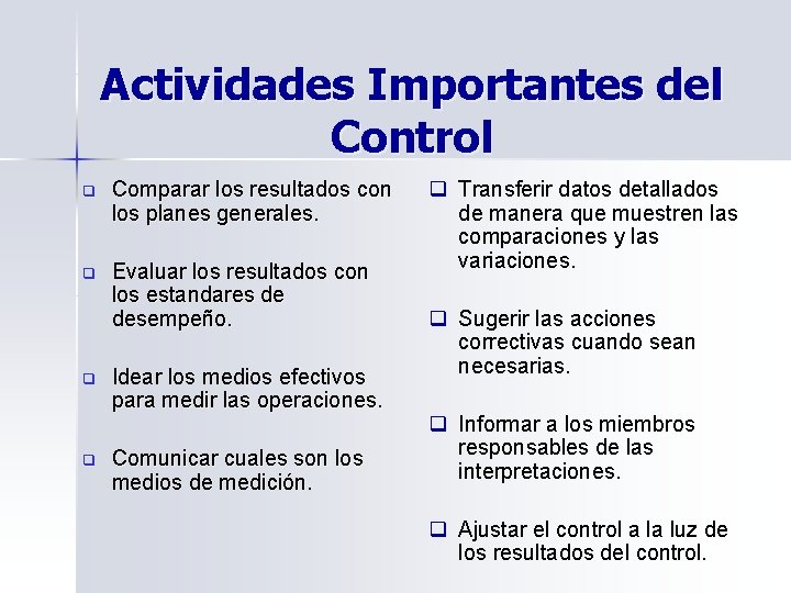 Actividades Importantes del Control q Comparar los resultados con los planes generales. q Evaluar Actividades Importantes del Control q Comparar los resultados con los planes generales. q Evaluar