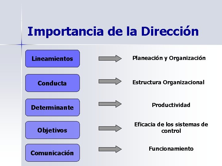 Importancia de la Dirección Lineamientos Planeación y Organización Conducta Estructura Organizacional Determinante Productividad Objetivos Importancia de la Dirección Lineamientos Planeación y Organización Conducta Estructura Organizacional Determinante Productividad Objetivos