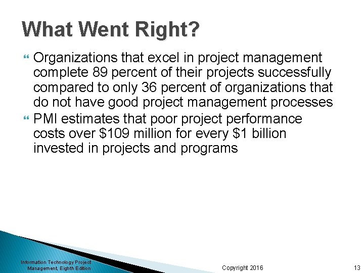 What Went Right? Organizations that excel in project management complete 89 percent of their What Went Right? Organizations that excel in project management complete 89 percent of their