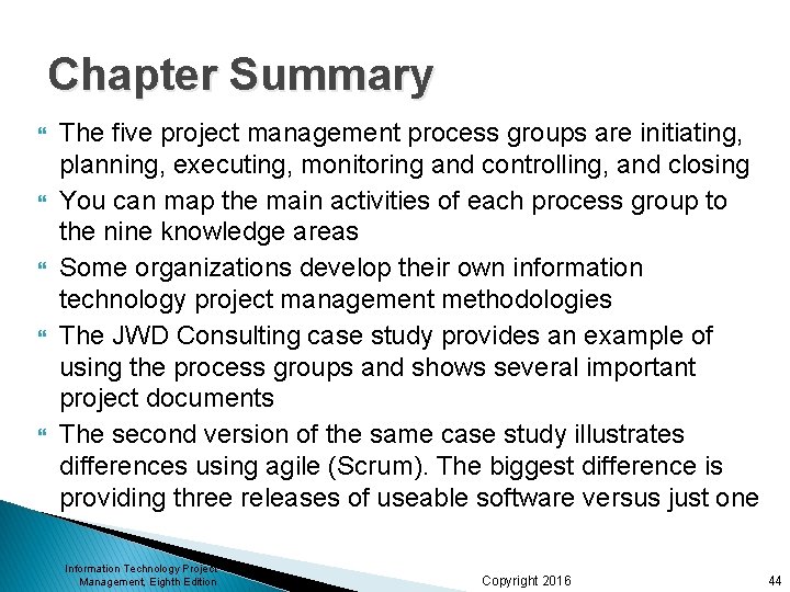 Chapter Summary The five project management process groups are initiating, planning, executing, monitoring and Chapter Summary The five project management process groups are initiating, planning, executing, monitoring and