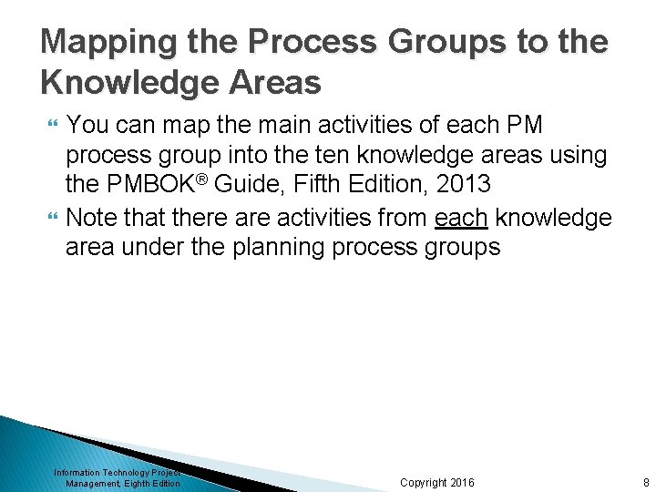 Mapping the Process Groups to the Knowledge Areas You can map the main activities Mapping the Process Groups to the Knowledge Areas You can map the main activities