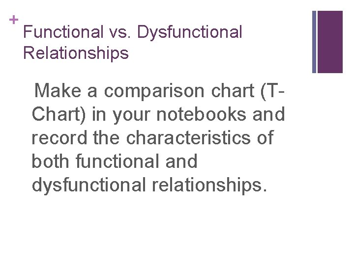 + Functional vs. Dysfunctional Relationships Make a comparison chart (TChart) in your notebooks and