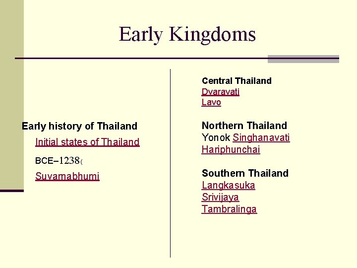 Early Kingdoms Central Thailand Dvaravati Lavo Northern Thailand Yonok Singhanavati Initial states of Thailand