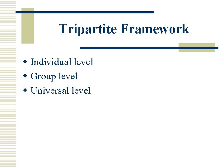 Tripartite Framework w Individual level w Group level w Universal level 